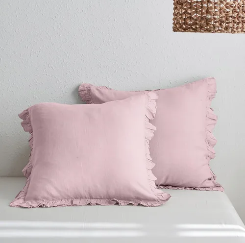 Vista 14 de Simple&Opulence Juego de funda de edredón de 100 % lino, lino francés natural, color rosa rubor con volantes, tamaño individual, funda de edredón