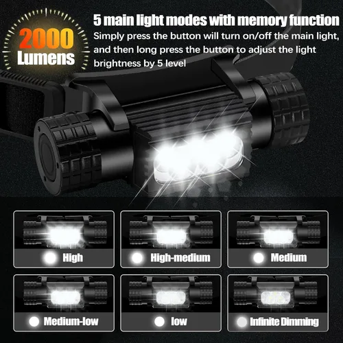 Vista 2 de Linterna frontal recargable, 2000 lúmenes, lámpara LED súper brillante para adultos, IP67 impermeable recargable con 9 modos, linterna de cabeza