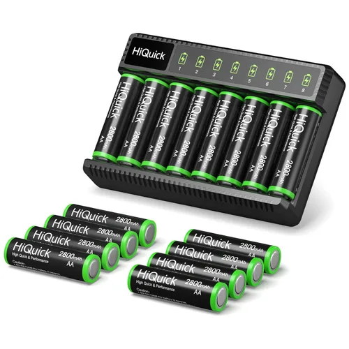 Vista 9 de HiQuick Cargador inteligente de 8 bahías con batería recargable AA AAA, 4 pilas AA de 2800 mAh y 4 pilas AAA de 1100 mAh, carga rápida