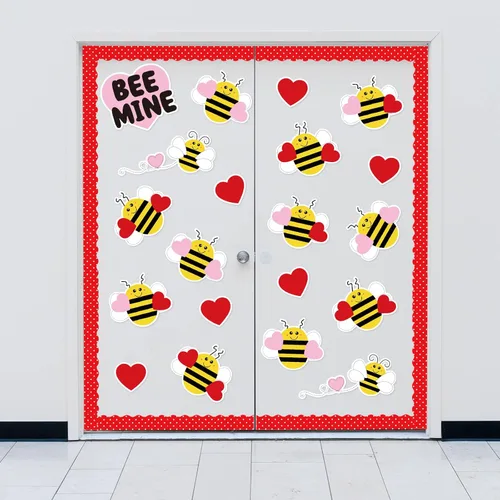 Vista 6 de Whaline Decoración de tablón de anuncios de abejas para el día de San Valentín, recortes de corazón, borde con borde de abeja, linda decoración