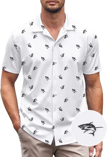 Vista 60 de COOFANDY Camisa casual con botones para hombre, manga corta, sin arrugas, camisa de verano