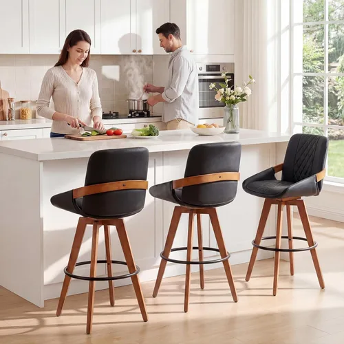 Vista 5 de 26 Inch Counter Height Bar Stools Set of 1, Upholstered PU Swivel Counter Stools with Curved Back and Arms, Modern Mid Century Stools for Kitchen