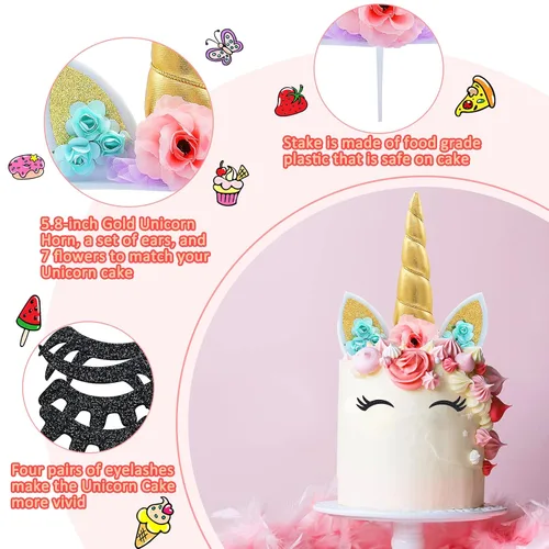 Vista 4 de Decoración de pastel de unicornio para niñas, decoración de cumpleaños de cuerno de unicornio dorado con pestañas, 5.8 pulgadas