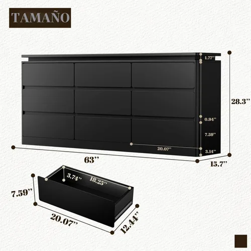 Vista 2 de Cómoda de 9 cajones para dormitorio, cómoda negra de 63 pulgadas de largo con estación de carga y luces LED, diseño curvado anticolisión, gabinete