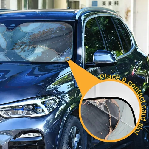 Vista 4 de Parasol de Parabrisas de Mármol Gris Parasol de Acordeón para Automóvil Camión SUV Parabrisas Mármol Dorado Bloquea los Rayos UV Protector de Visera