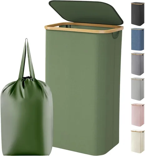 Vista 12 de Lifewit - Canasta de lavandería de 100L con tapa, cestas de ropa para la lavandería con asas de bambú y una bolsa de lavandería extraíble, cesto