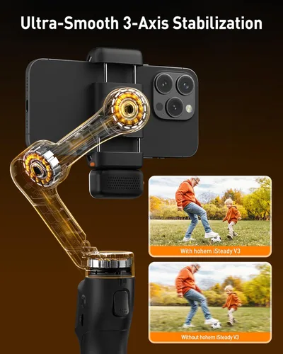 Vista 3 de hohem iSteady V3 - Estabilizador de cardán para iPhone, cardán de teléfono de 3 ejes, rastreador magnético de inteligencia artificial, varilla Negro