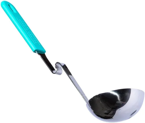 Vista 2 de Souper Cubes + Lori Greiner Cucharón de sopa sin desorden de acero inoxidable con mango de silicona - Cucharón de sopa de metal con diseño sin