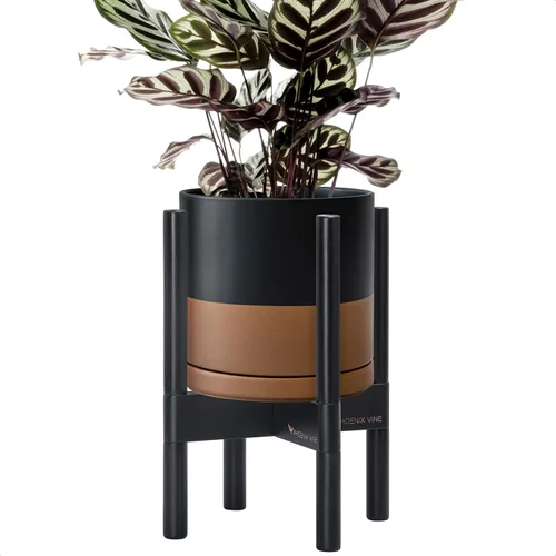 Vista 19 de D'vine Dev Maceta de cerámica con soporte de ébano – Maceta redonda moderna de 8 pulgadas con soporte para maceta de madera, color negro, 55-B-M-2