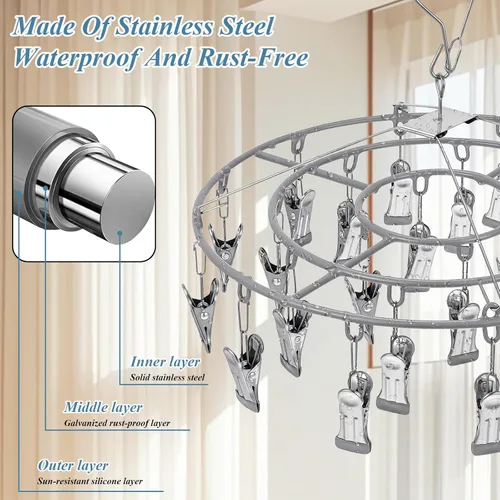 Vista 6 de Paquete de 3 estantes de secado plegables redondos de acero inoxidable con 24 clips, gancho giratorio a prueba de viento, tendedero de ropa