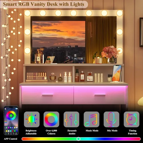 Vista 4 de Mesa de tocador pequeña con espejo y luces, tocador de maquillaje blanco con silla, juego de mesa de tocador RGB con 2 cajones y tomas de corriente