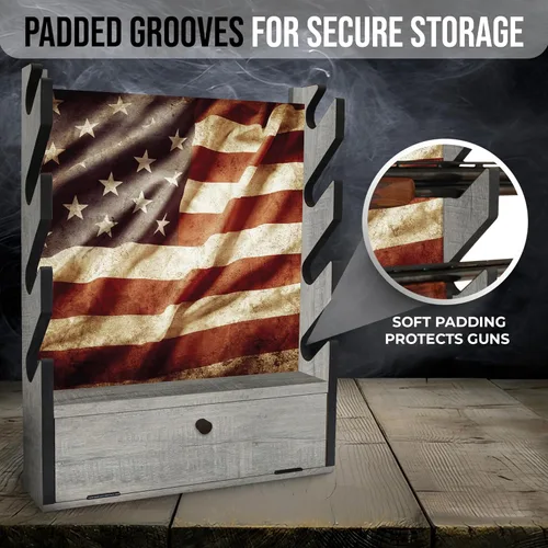 Vista 3 de Rush Creek Creations Gun Rack, Wall Mount Gun Rack for Rifles or Shotguns, Patriotic American Flag Design, Additional Storage for Gun Accessories