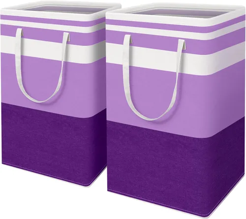 Vista 33 de HomeHacks Paquete de 2 cestas grandes para la lavandería, impermeable, cesta de lavandería independiente, cesta de ropa alta plegable con asas Azul
