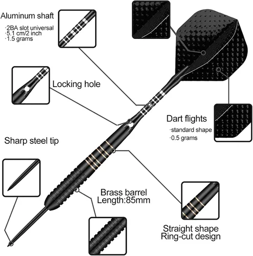 Vista 2 de Juego de dardos de punta de acero para dardos, dardos profesionales de metal con punta de latón, ejes de aluminio negro y púrpura de nylon, 9