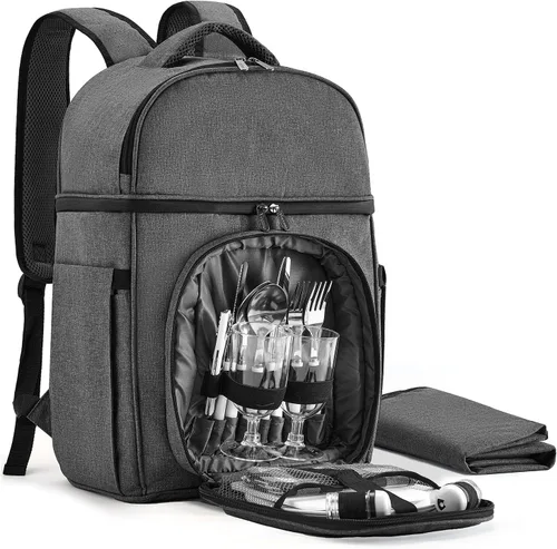 Vista 8 de Vogano Mochila de picnic y accesorios – Juego de picnic aislado para 2 personas con compartimentos dobles, manta ligera, juego de cubiertos