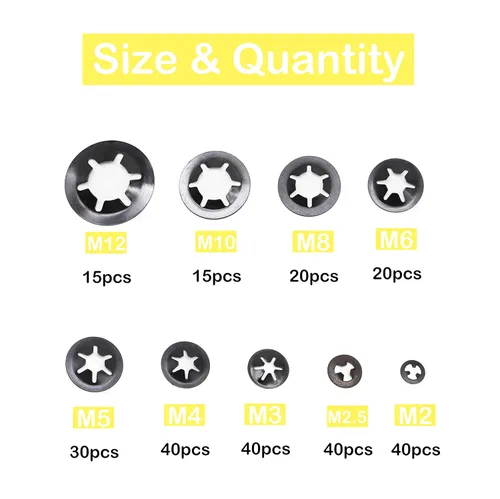 Vista 2 de Kit de surtido de 260 piezas [9 tamaños] de arandelas de seguridad con dientes internos Starlock negras, M2/M2.5/M3/M4/M5/M6/M8/M10/M12