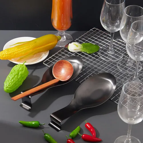 Vista 4 de Nuanchu 6 piezas de acero inoxidable soporte para cucharas y espátulas para estufa, mango para cucharón, soporte para cucharas para encimera
