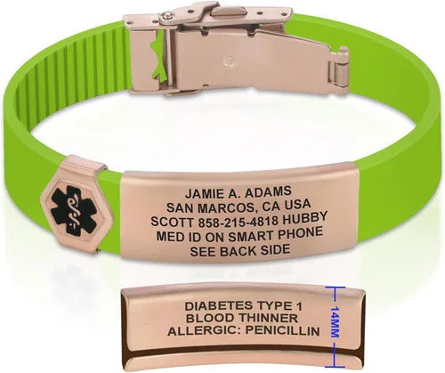Vista 136 de Divoti Pulsera de identificación de alerta médica grabada personalizada, grabado láser de doble cara (hasta 9 líneas), pulsera de silicona ajustable