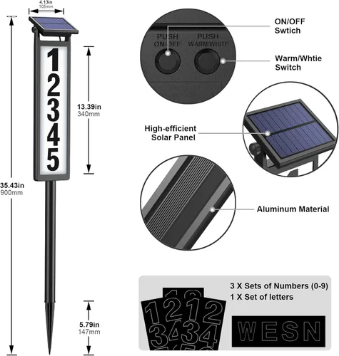 Vista 5 de Eyrosa Letrero de dirección con luz LED solar, números de casa para patio exterior, placa de números impermeable para exteriores, color negro