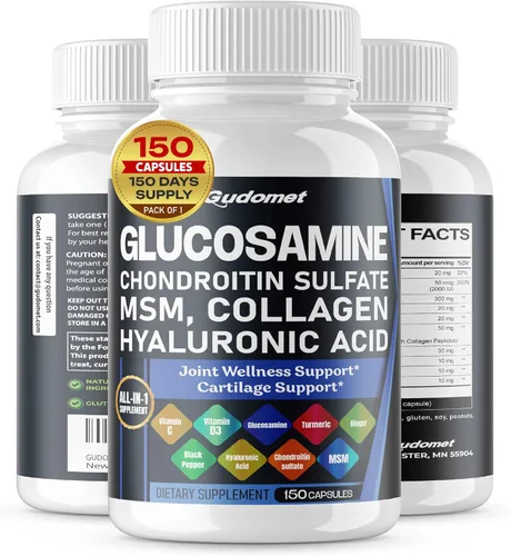 Glucosamina Condroitina Sulfato Metilsulfonilmetano Ácido Hialurónico Cúrcuma Jengibre Vitamina C, D3, Pimienta Negra -150 Cápsulas