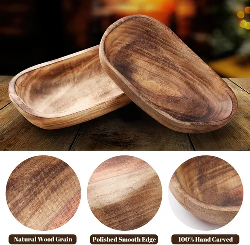 Vista 4 de 2 cuencos de madera para la decoración, cuenco decorativo oblongo, decoración del hogar, recipiente de frutas para encimera de cocina, recipiente