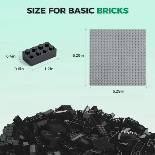 Vista 2 de HUIZDQ 500 piezas de ladrillos de construcción clásicos y 1 placa base gris, ladrillos de 2 x 4, juguetes de construcción creativos a granel, Negro
