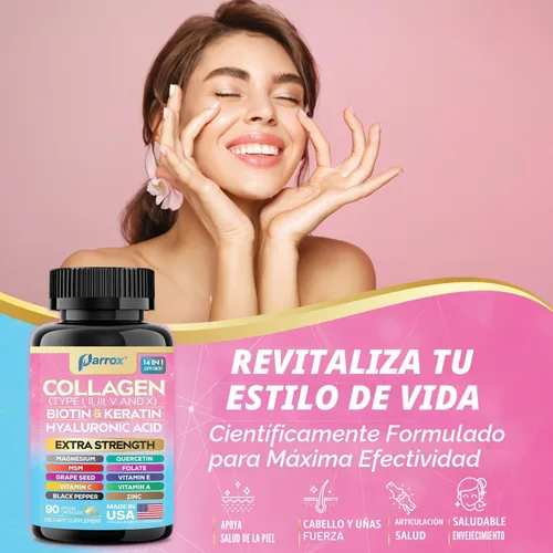 Vista 6 de Péptidos de colágeno Parrox Tipos I, II, III, V y X, Biotina MCG, Queratina, Ácido Hialurónico, MSM, Zinc, Extracto de semilla de uva, Quercetina