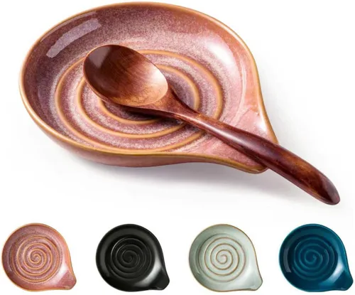 Vista 17 de Reposa Cucharas, Soporte de Cuchara de Cerámica con Bandeja de Goteo Profunda para Utensilios de Estufa, Soporte para Encimera, con Mango para Fácil