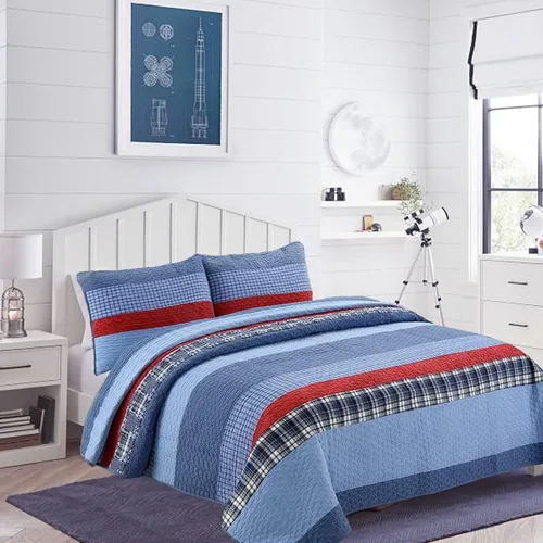 Vista 13 de Cozy Line Home Fashions Waylon - Juego de edredón reversible a rayas 100% algodón, color azul marino, verde y blanco, colcha
