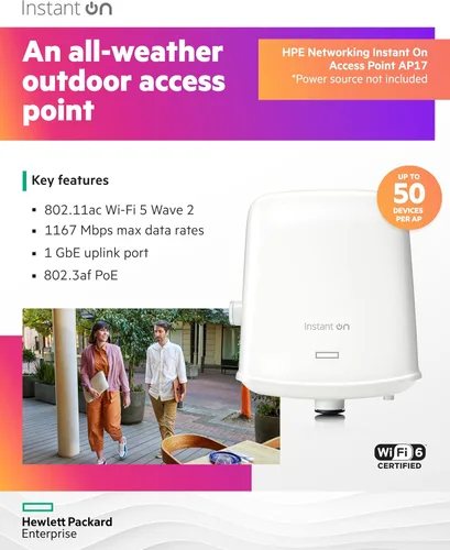 Vista 3 de Aruba Instant On AP17 Punto de acceso exterior 2x2 Modelo de EE. UU. Fuente de alimentación no incluida