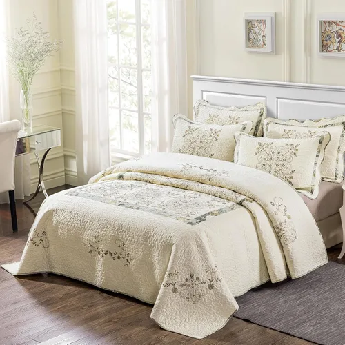 Vista 47 de Juego de edredón azul floral con patrón de bordado 3D de 2 piezas, 100% algodón, reversible, acolchado bordado decorativo, cubrecamas, juego