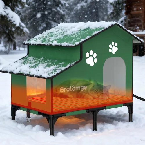 Vista 8 de Casa climatizada para gatos para exteriores, refugio elevado para gatos con almohadilla térmica y puerta de escape, refugio para gatos al aire libre