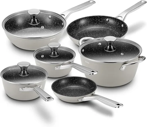 Utensilios de cocina de inducción antiadherentes, juego de ollas y sartenes BEZIA para placa de inducción, compatible con todas las estufas, juego