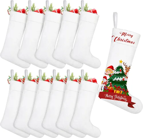 Aodaer 12 Piezas de Medias de Navidad Lisas de Sublimación en Yute, Medias Colgantes para Árbol, Chimenea, DIY, Impresión por Transferencia de Calor