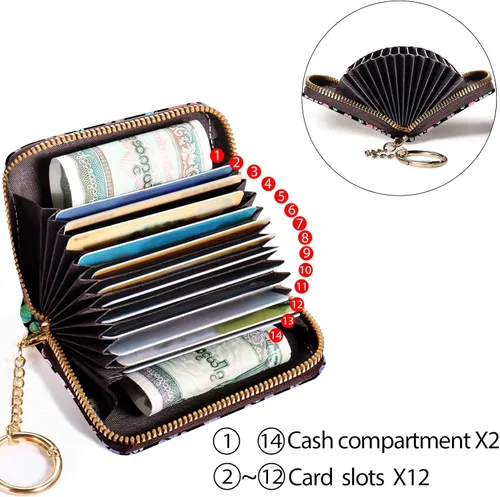 Vista 4 de Yonlevres Tarjetero RFID para tarjetas de crédito, cartera pequeña para mujer con llavero con cremallera, divertido estampado de cuero para tarjetas
