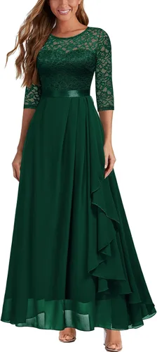 Miusol Vestido largo de dama de honor con mangas 34 de contraste y encaje floral elegante para mujer