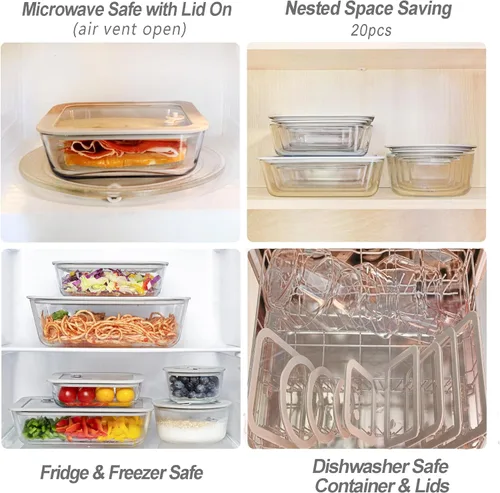 Vista 4 de Contenedores de vidrio para alimentos con tapa de vidrio, juego de recipientes de almacenamiento de alimentos aptos para microondas, 2 paquetes
