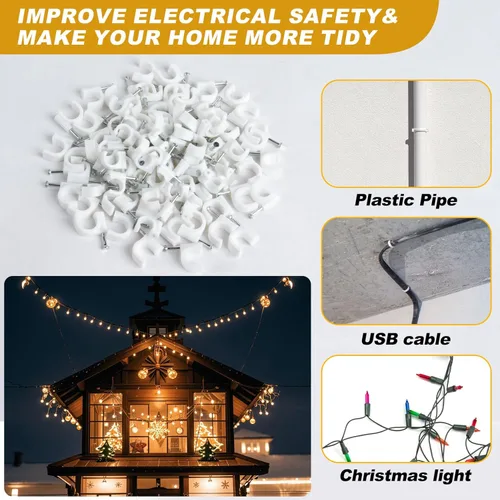 Vista 2 de Clips de alambre para cables – 100 clips de cable blancos de 0.315 in y 0.394 in de alambre de pared para manejo de cables con clavos de acero