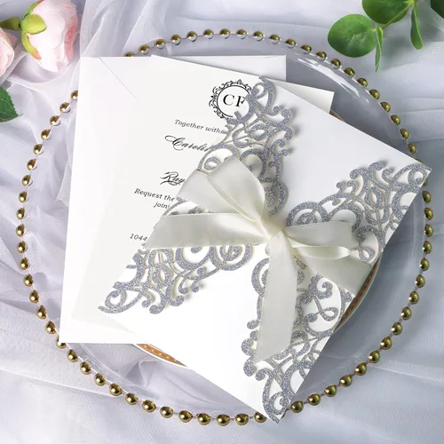 Vista 32 de ponatia 25 tarjetas de invitaciones de boda de 5.12 x 7.1 pulgadas con purpurina plateada cortadas con láser con sobres para tarjetas de invitación