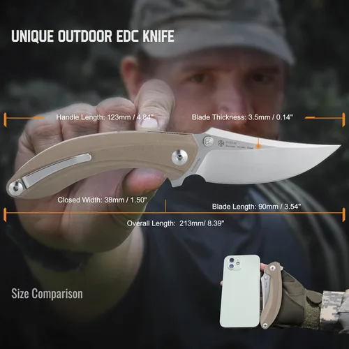 Vista 6 de Cuchillo táctico plegable con clip de bolsillo, hoja de acero inoxidable 14C28N, mango G10, bloqueo de revestimiento, cuchillos pequeños EDC