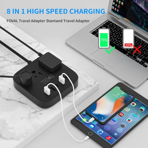 Vista 2 de FOVAL EU - Adaptador de enchufe de viaje europeo, regleta de alimentación de EE. UU. con USB C y 4 puertos USB, 3 salidas de CA, montaje en pared