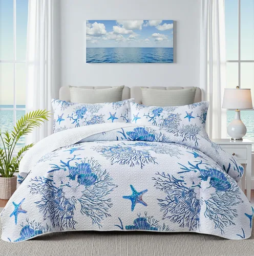 Vista 10 de weesire Ropa de cama costera tamaño Queen con 2 fundas, juegos de edredón náutico de playa, colchas oceánicas, cubrecama costero, ropa de cama