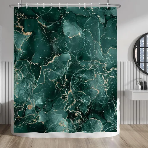 Vista 200 de Baocicco Cortina de ducha de mármol azul abstracto a rayas, decorativa, textura de lujo, línea moderna, decoración de acuarela, juego de cortinas