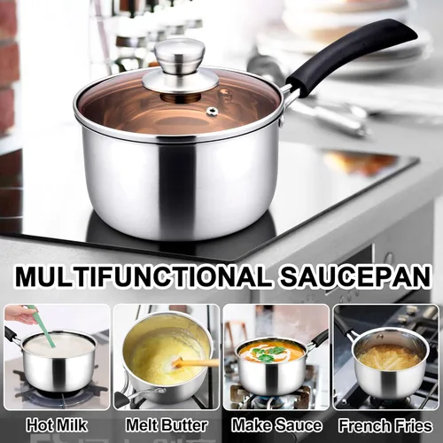 Vista 6 de LIANYU Cacerola de 1 cuarto de galón con tapa, cacerola de acero inoxidable de 1 cuarto de galón, olla pequeña para leche y sopa para el hogar