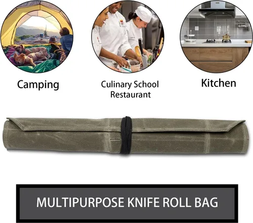 Vista 5 de Rollo de cuchillo, bolsa de rollo de cuchillo de chef, estuche de lona encerada para cuchillos con 7 ranuras, envoltura portátil para cuchillos