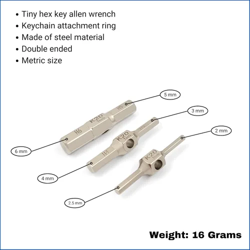 Vista 5 de Juego de llaves hexagonales Allen con llavero multiherramienta métrica de 2, 2.5, 3, 4, 5, 6 mm