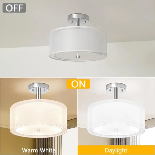 Vista 2 de Lámpara de techo semiempotrada de 3 luces, lámpara de techo de 12 pulgadas con pantalla de doble tela, lámpara de tambor para dormitorio, cocina