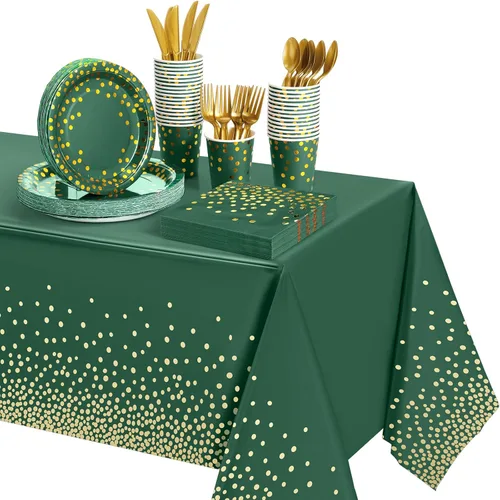 Vista 9 de Tegeme 256 piezas de suministros de fiesta de lunares burdeos y dorados, platos de papel, servilletas granate, vasos, vajilla desechable, mantel