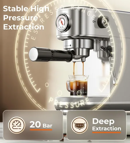 Vista 4 de Máquina de café expreso con espumador de leche, cafetera de espresso a presión de 20 bares, con tanque extraíble de 44 onzas, cafetera compacta