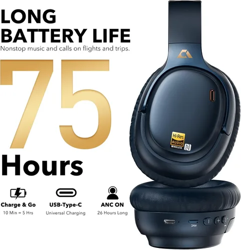 Vista 4 de 1Mii AI E700 Auriculares híbridos con cancelación activa de ruido, Bluetooth sobre la oreja, audio inalámbrico de alta resolución con LDAC y aptX